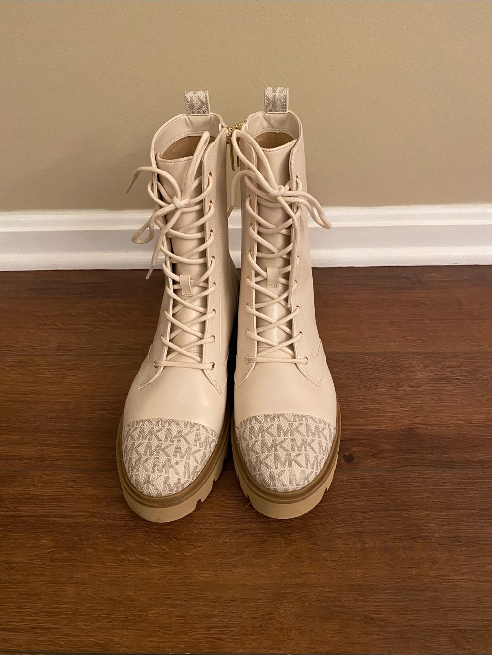 Michael Kors Cream Lace-Up Combat Boots with Logo Toe